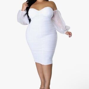 Women's Plus Size Off The Shoulder Mesh Long Sleeve Bodycon Ruched Midi  Dress